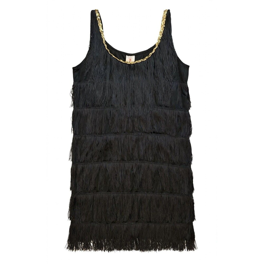 Rubie’s Black Flapper Costume Dress Large Fringe Gold Trim Gatsby 1920s